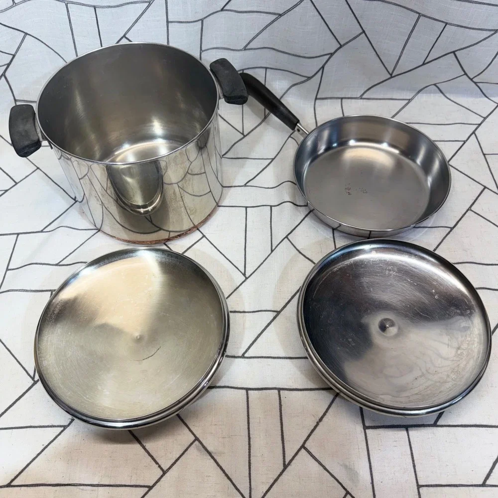 Revere Ware Cookware Set 9in 6qt‎ Silver Copper Bottom Skillet Stock Pot 4pc